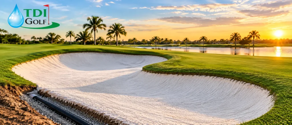 Golf course bunker restoration in progress with drainage lines installed, Florida